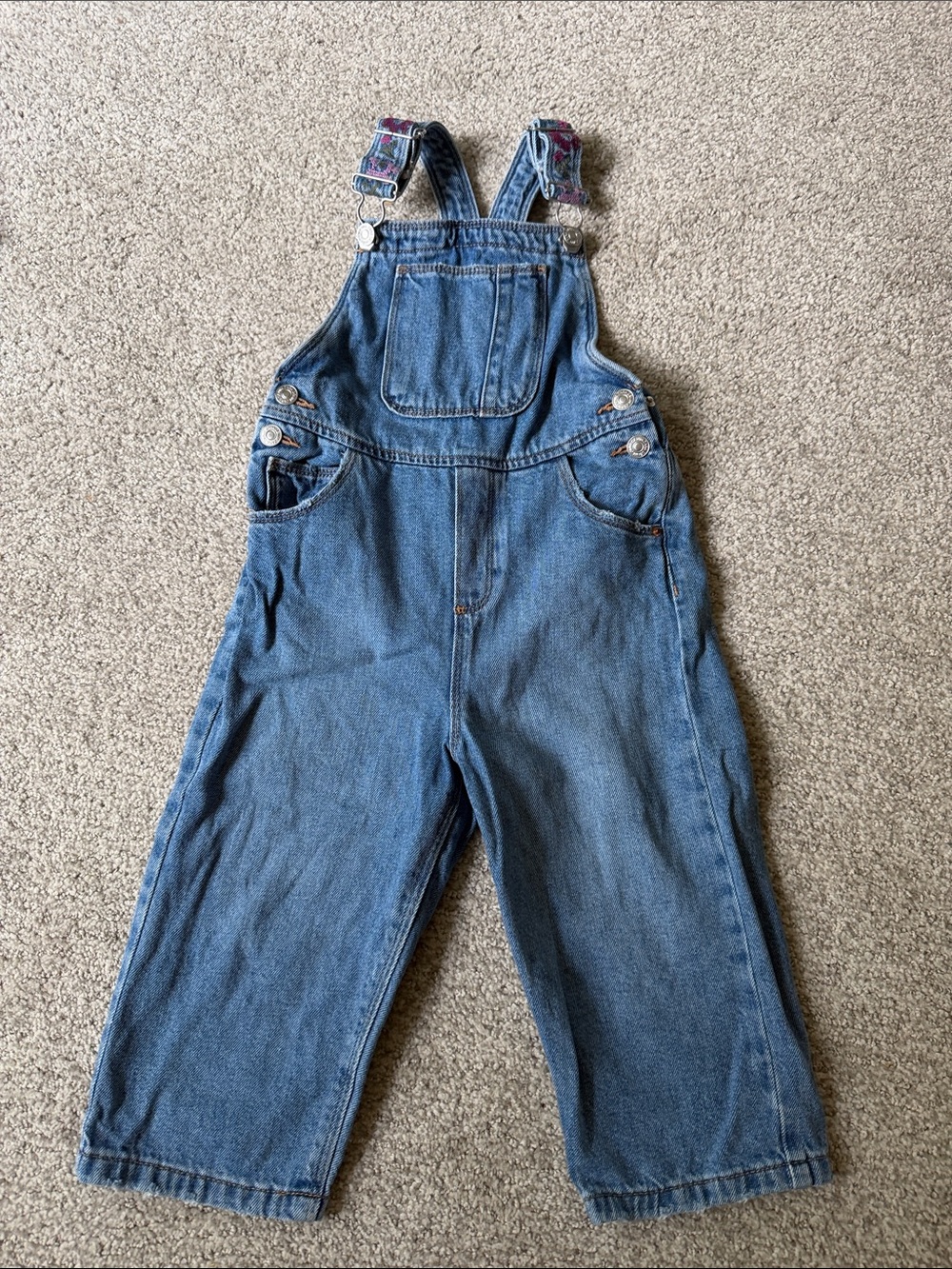 Zara Classic Blue Denim Kids Overalls with Floral Straps